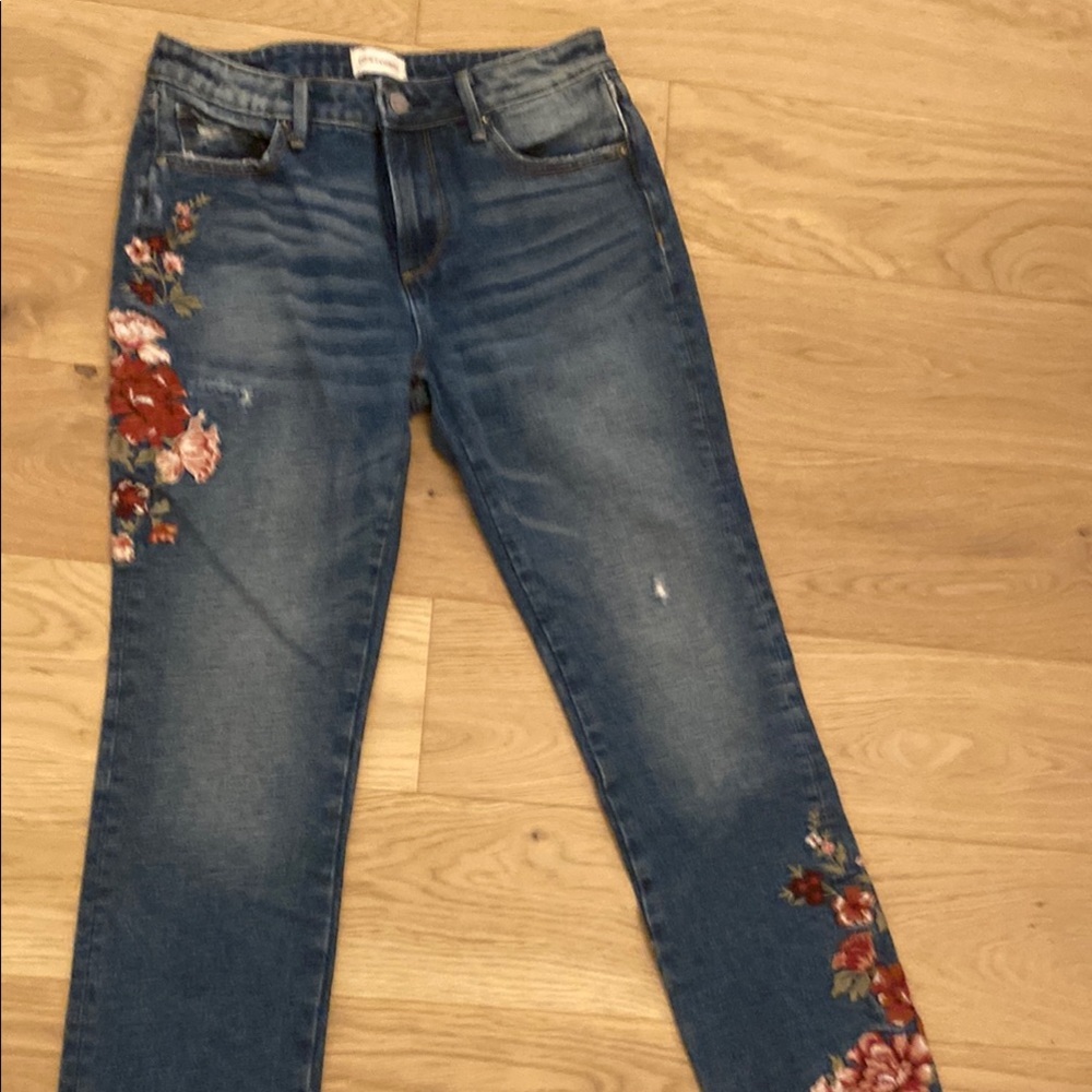 DRIFTWOOD Blue and Red Skinny Jeans with Floral Embroidery